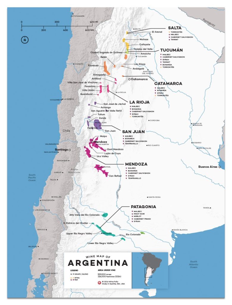 Argentina wine map showing the many wine regions throughout this huge South American country.