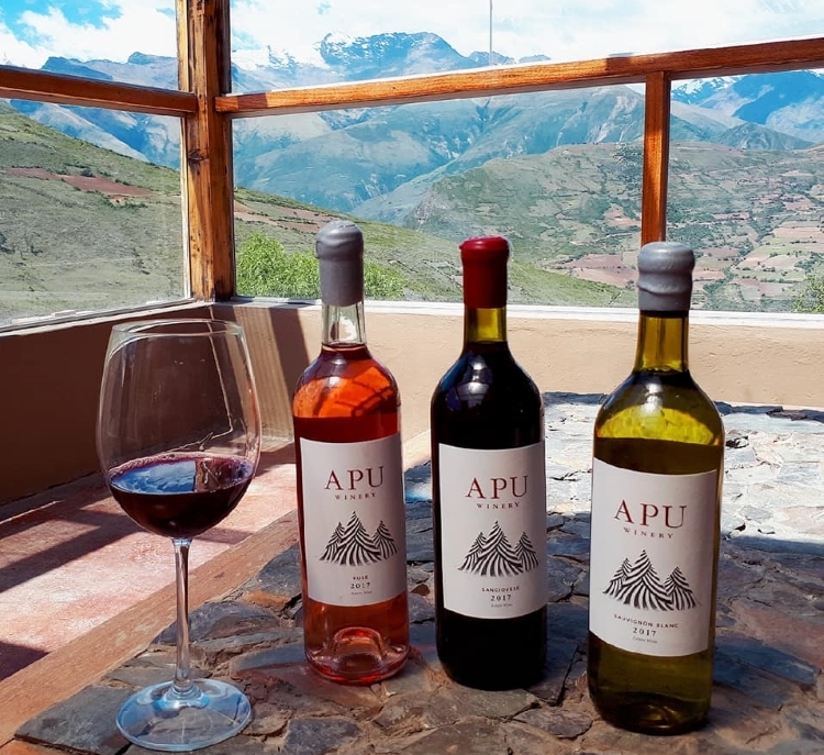 Bottles at the Apu Winery in Peru with the backdrop of the mountains they refer to