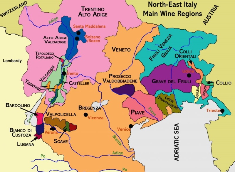 A map of the main wine growing regions in North-east Italy, including the world-famous Veneto