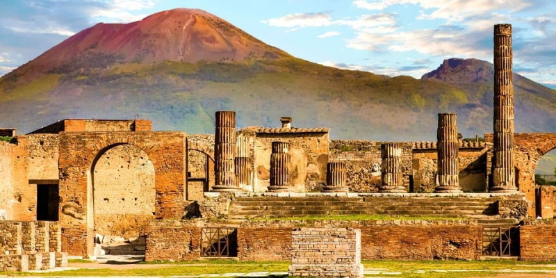The ruins of Pompeii with its brooding destroyer as a backdrop