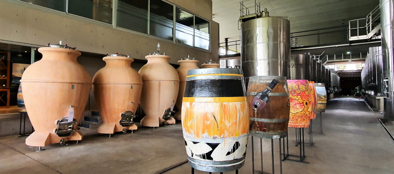 Cocciopesto amphorae, steel tanks and barrels at the Estampa winery in Colchagua Chile