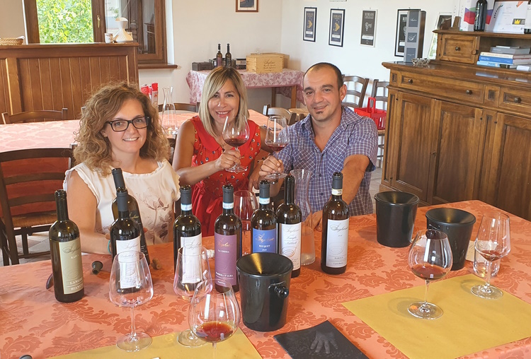 Malka enjoying the wines from Seghesio with the owners Michela and Sandro